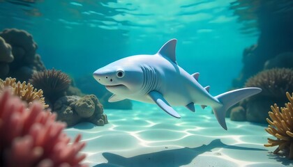 Obraz premium Shark Swimming Playfully in Clear Ocean Water Surrounded by Coral Reef