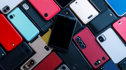 A heap of smartphones with different cases and bezels, illustrating diverse mobile brands and models in the market