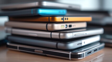 A mix of old and new smartphone models stacked together, symbolizing innovation and rapid advancements in mobile technology
