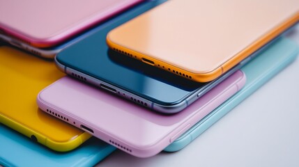 Pile of modern smartphones with different colors and brands, highlighting mobile technology evolution, isolated on a white background.