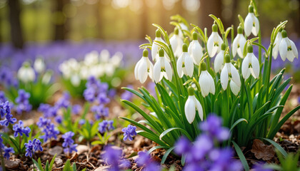 Snowdrops blooming among bluebells in vibrant woodland, spring beauty