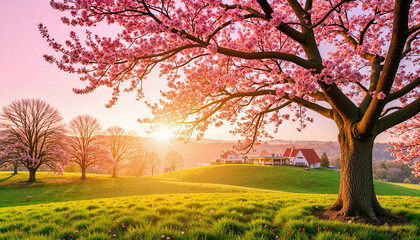Obraz premium Vibrant apple tree blooms at sunrise in rural setting, spring beauty