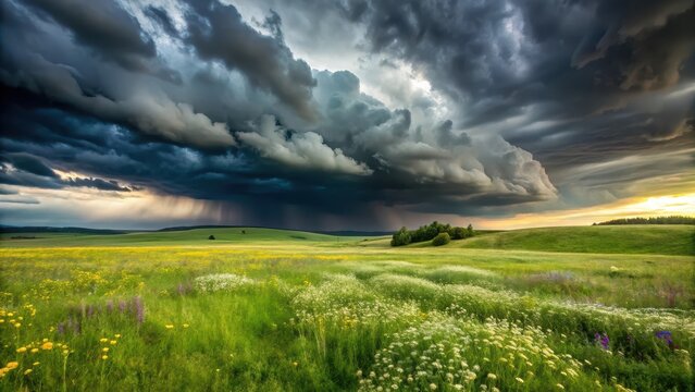 Dark storm clouds loom over a rolling green field with lush grass and wildflowers, stretching towards the grey sky with an ominous tone , fields, storm clouds