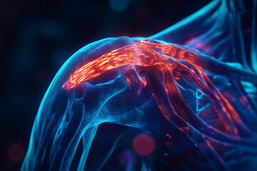 Detailed anatomical rendering showcases muscle tissue structure with vibrant orange and translucent blue hues.