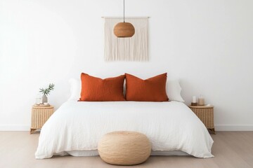 Cozy modern bedroom with warm orange accents, minimalistic decor, and a serene atmosphere of comfort and relaxation