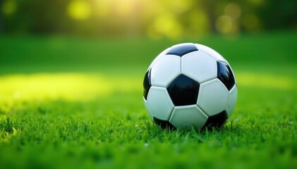 Fototapeta premium Perfectly centered soccer ball on vibrant green football field Negative space surrounds , activity, goal