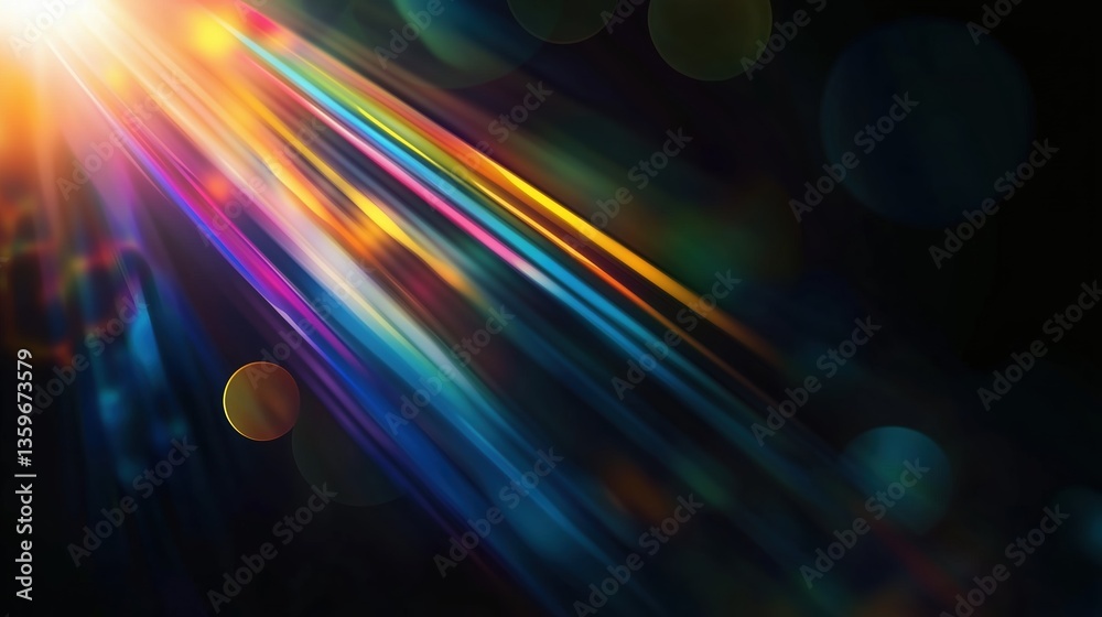 Aufkleber Abstract background with vivid colorful lens flare and glowing bokeh lights on deep black backdrop. Vector art illustration with sharp high-resolution details, dynamic light effects, modern minimalist