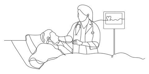 Continuous line drawing of doctor activities, medicine, patient, doctor, healthcare. Hand drawn single line vector illustration
