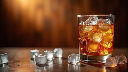 A glass of amber-colored liquid with ice cubes on a wooden surface.
