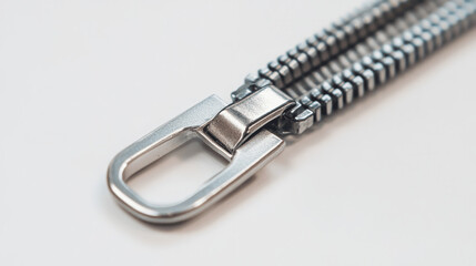Close-up of a metallic zipper slider and teeth.