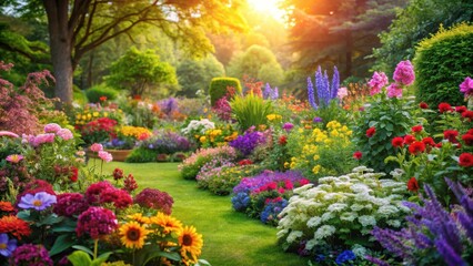 Colorful flowers and lush greenery in a vibrant garden scene, floral gardens