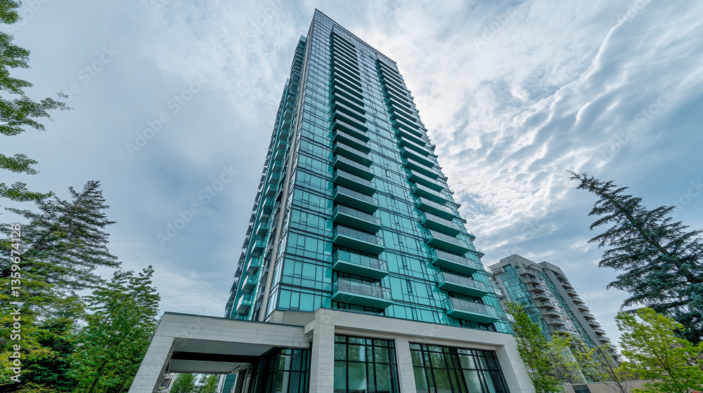 Poster low-angle view of a modern glass skyscraper against a cloudy sky, showcasing architectural design an