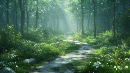 Obraz premium Sunlit Path Through Verdant Forest, a Peaceful and Mystical Journey Awaits