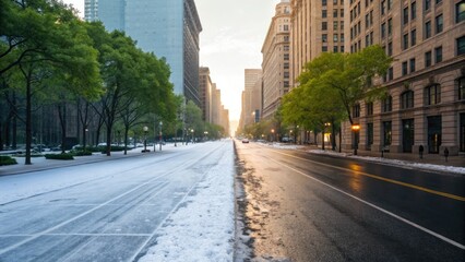 Obraz premium Winter melts into spring on a bustling city street at dawn