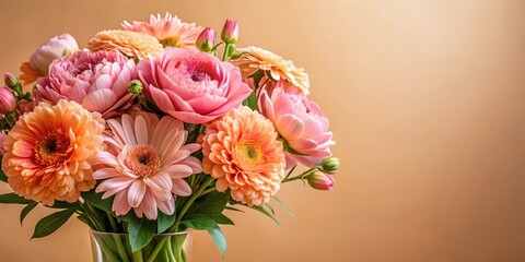 Soft pink peonies and orange gerbera daisies arranged in a floral bouquet against a warm beige background, botanicals, floral arrangement