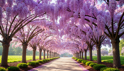 Tranquil wisteria tunnel with dew blossoms in morning light, serene beauty