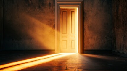 A dramatic shot of light coming through the door into a vast, empty room, with sunlight creating warmth on the floor.