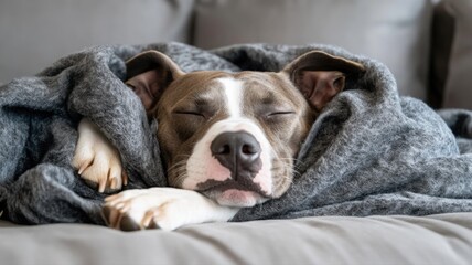 Peaceful moment of an adopted dog in a cozy blanket on a couch Generative AI