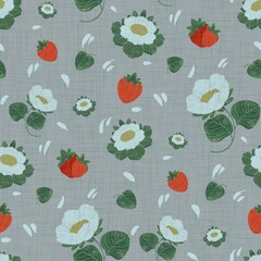 Strawberry Garden Delight seamless digital pattern, summer pattern.The color palette includes shades of red, green, and white against a dark background, giving it a fresh and natural look