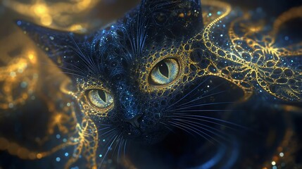 Naklejka premium A mesmerizing digital art piece featuring a stylized cat with intricate fractal patterns and vivid colors, blending realism with fantasy elements.