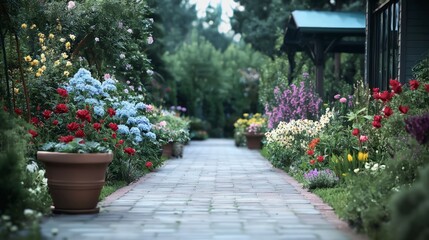 Fototapeta premium Serene Garden Path Blooming Flowers Brick Walkway Lush Greenery