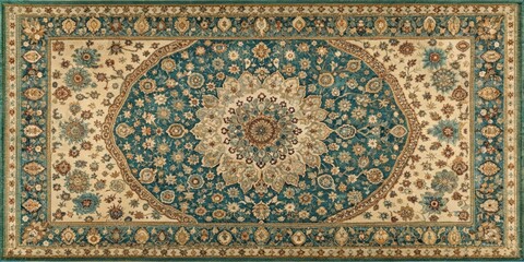 Traditional Persian rug with intricate circular motifs in shades of blue and green, set against a warm beige background , intricate design, traditional rug