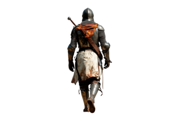 Warrior dressed in medieval armor walks isolated on transparent background