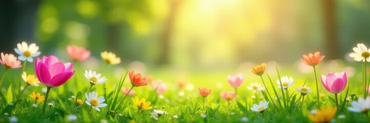 Soft focus spring meadow, vibrant blooms border, fresh, country