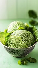 Fototapeta premium Fresh Green Savoy Cabbage in Metal Colander