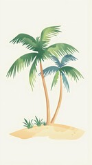 Obraz premium A vibrant illustration of two palm trees on a sandy beach, perfect for summer themes, relaxation, and tropical vibes.