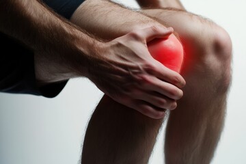 Man experiencing knee pain while sitting against a neutral background, focusing on discomfort and possible injury during rest or rehabilitation session
