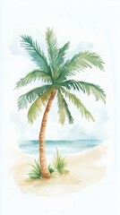 Fototapeta premium A beautiful watercolor painting of a palm tree on the beach, evoking tropical vibes and serenity by the ocean.