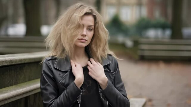 Beautiful caucasian woman sitting on park bench on overcast day video footage. Attractive female in black leather jacket looking at camera motion picture.
