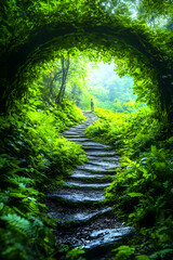Fototapeta premium Person walks on stone path through lush green forest archway; mystical background