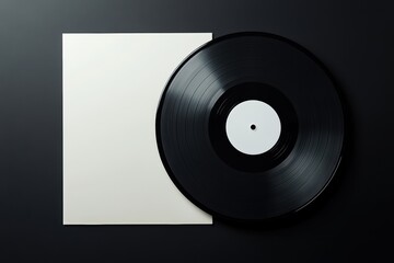 Vinyl record resting beside a blank sleeve on a dark surface, showcasing a minimalist aesthetic and inviting musical nostalgia