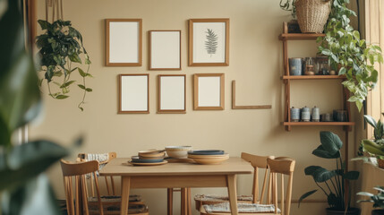 Cozy dining area with natural light and minimalist decor featuring empty picture frames and potted plants