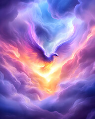 Fototapeta premium Phoenix rising through vibrant cloudscape; fantasy art