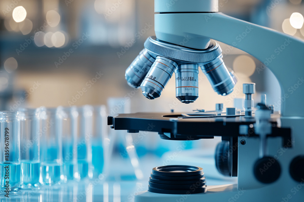 Poster close-up of a laboratory microscope, showcasing its intricate lenses and stage. the image symbolizes