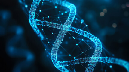 Intricate blue DNA helix structure glowing against a dark background with swirling particles in a modern scientific setting
