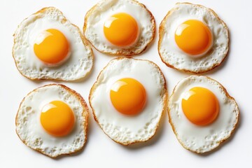Deliciously cooked sunny side up eggs arranged neatly on a white surface showcasing vibrant yellow yolks and golden edges, perfect for breakfast or brunch excitement