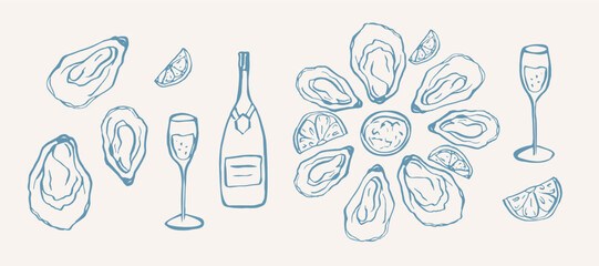 Hand drawn sketch oysters and champagne © Maria