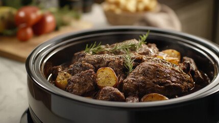 Deliciously seasoned beef roast slow cooked with tender vegetables in a cozy kitchen setting
