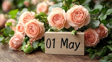 Delicate peach roses frame a wooden calendar marking 01 May