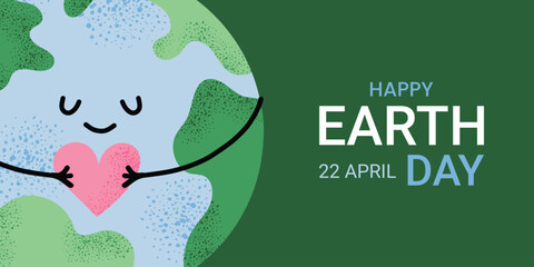 Happy Earth Day banner with green background. Cute Earth hugging heart. April 22 environmental awareness concept in flat style. Eco friendly holiday design and planet illustration.