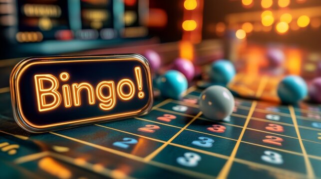 "Bingo!" playful font bingo game red, yellow, and orange colors. background with bingo balls, game card, confetti. - Powered by Adobe