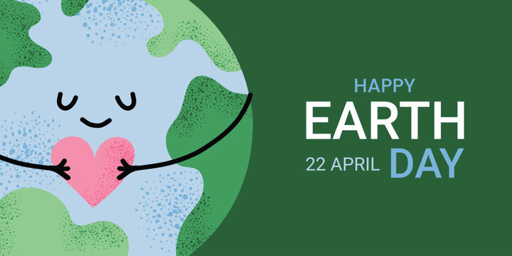 Happy Earth Day banner with green background. Cute Earth hugging heart. April 22 environmental awareness concept in flat style. Eco friendly holiday design and planet illustration.