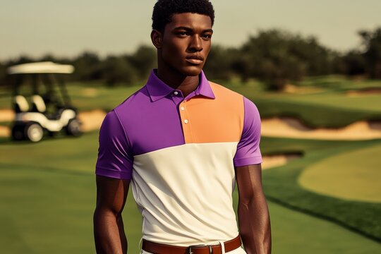 Young man modeling colorful polo shirt on golf course during golden hour at a lush green facility while enjoying a leisurely afternoon