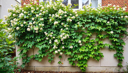 Jasmine vine climbing urban wall, enhancing city greenery