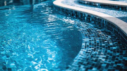 Obraz premium A luxurious poolside scene, with a close-up of mosaic tiles blending into clear blue water.