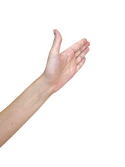 Caucasian female teen hand gesture with open palm on black background.